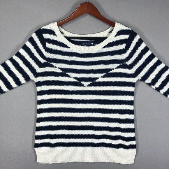 American Eagle Sweater Womens Medium Blue White Striped Pullover Knit Round Slit - Picture 8 of 12